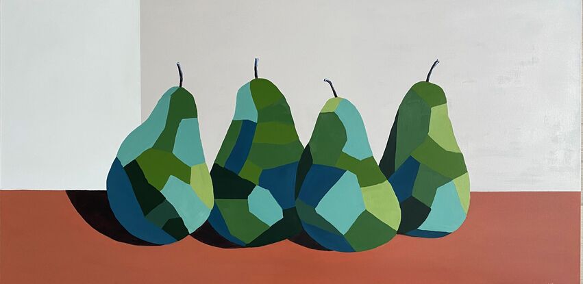 Four pears on a terracotta surface with a beige background. The pears are painted in a geometric style in warm greens and blues.