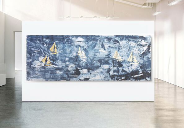 A large dark blue and white abstract depicting racing sailboats in a Regatta