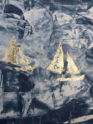 A large dark blue and white abstract depicting racing sailboats in a Regatta