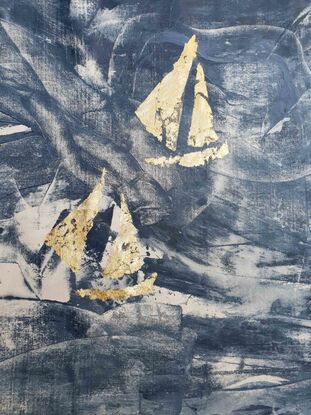 A large dark blue and white abstract depicting racing sailboats in a Regatta