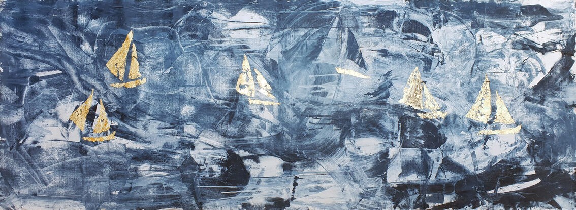 A large dark blue and white abstract depicting racing sailboats in a Regatta