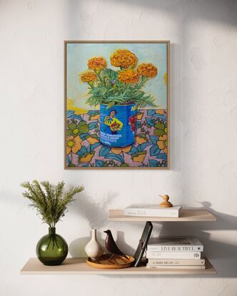 Marigold flowers in a tomato tin with patterned background