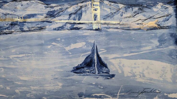 A large dark blue and white seascape with Golden Gate bridge and sail boat