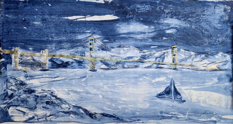 A large dark blue and white seascape with Golden Gate bridge and sail boat