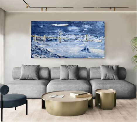 A large dark blue and white seascape with Golden Gate bridge and sail boat