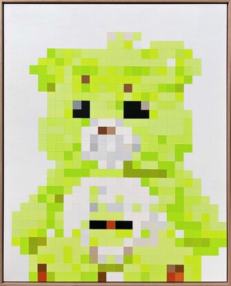 Neon lime green pixelated teddy bear sitting on a white background