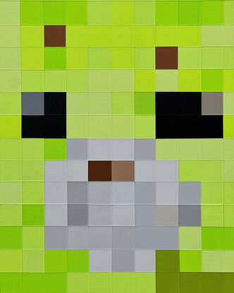 Neon lime green pixelated teddy bear sitting on a white background