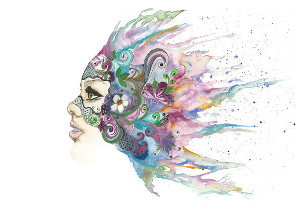 A vibrant colourfilled piece with a profile of a woman looking forward 