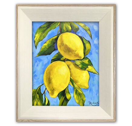 Lemon tree branch original painting by Irina Redine. Framed and ready to hang