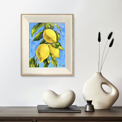 Lemon tree branch original painting by Irina Redine. Framed and ready to hang