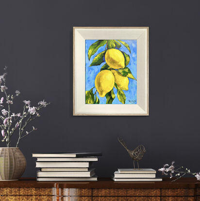 Lemon tree branch original painting by Irina Redine. Framed and ready to hang