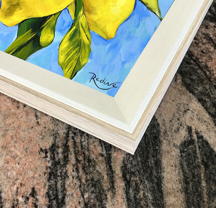 Lemon tree branch original painting by Irina Redine. Framed and ready to hang