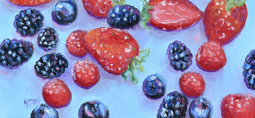 A square oil painting of blueberries, blackberries, raspberries and strawberries on a blue background. Some of the strawberries are sliced in half.