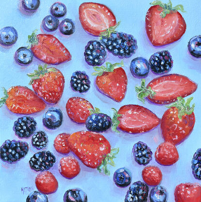 A square oil painting of blueberries, blackberries, raspberries and strawberries on a blue background. Some of the strawberries are sliced in half.