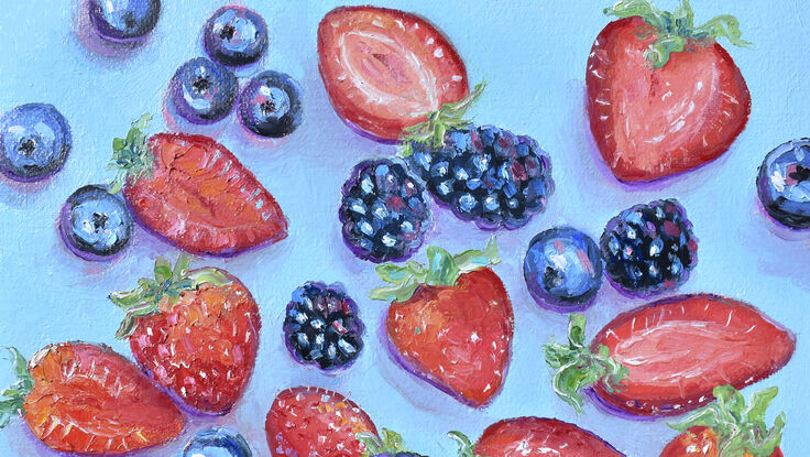 A square oil painting of blueberries, blackberries, raspberries and strawberries on a blue background. Some of the strawberries are sliced in half.