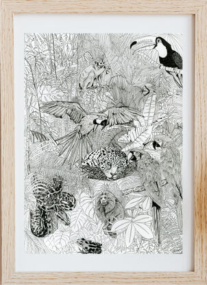 Black and White illustration of a jungle landscape with animals 