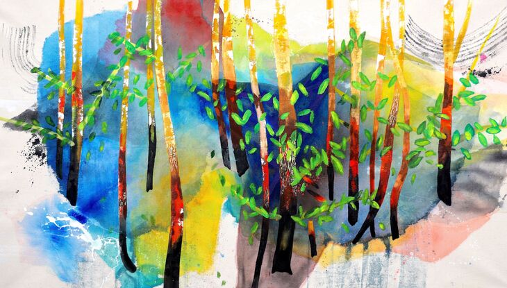 aspen tree painting, birch tree, tree trunk art, landscape painting, colorful autumn tree artwork, spring tree painting, impressionism artwork