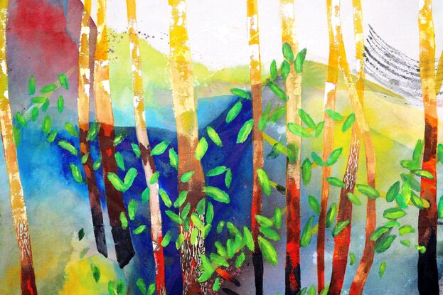 aspen tree painting, birch tree, tree trunk art, landscape painting, colorful autumn tree artwork, spring tree painting, impressionism artwork