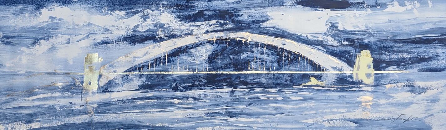 A large dark blue and white abstract the Sydney Harbour Bridge in gold, blues and whites