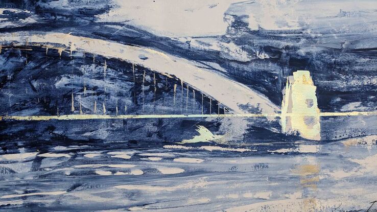 A large dark blue and white abstract the Sydney Harbour Bridge in gold, blues and whites