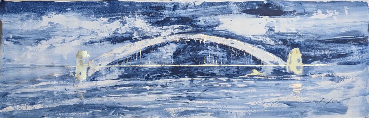 A large dark blue and white abstract the Sydney Harbour Bridge in gold, blues and whites