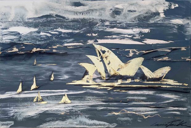 A large dark blue and white abstract the Sydney Opera House and sailboats in gold, teal blues and whites