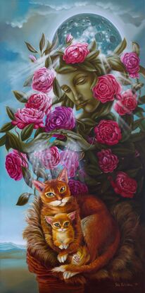 Cat with kitten sitting under rose bush