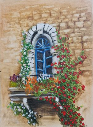 It's a balcony with a half open windows of a walled castle. The outer balcony is full of blossoming plants.