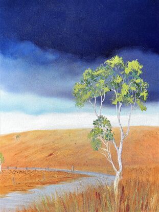 Australian landscape in yellows, oranges and deep blue sky with a single gum tree