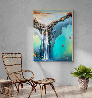 A vertical painting based on falling water in blues and turquoise.