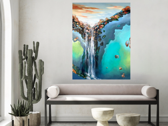 A vertical painting based on falling water in blues and turquoise.