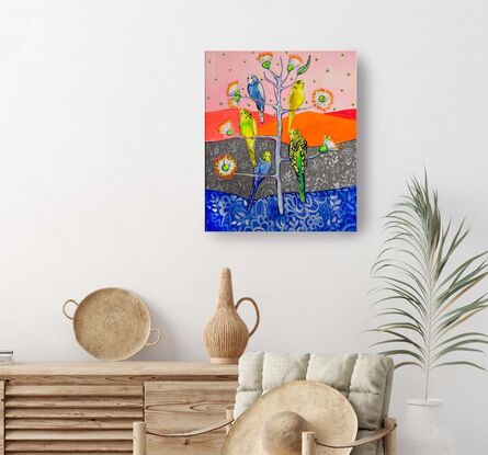 
Semi-abstract landscape with budgies and flowering gum.