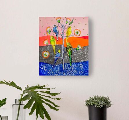 
Semi-abstract landscape with budgies and flowering gum.