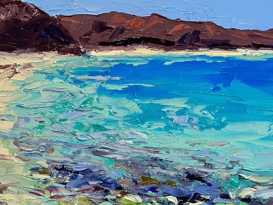 textured seascape oil painting with turquoise and azure ocean water and many other colors in the front depicting a coral reef underwater.  A golden sandy beach winds back to the distant coastline.