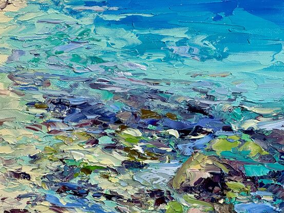 textured seascape oil painting with turquoise and azure ocean water and many other colors in the front depicting a coral reef underwater.  A golden sandy beach winds back to the distant coastline.