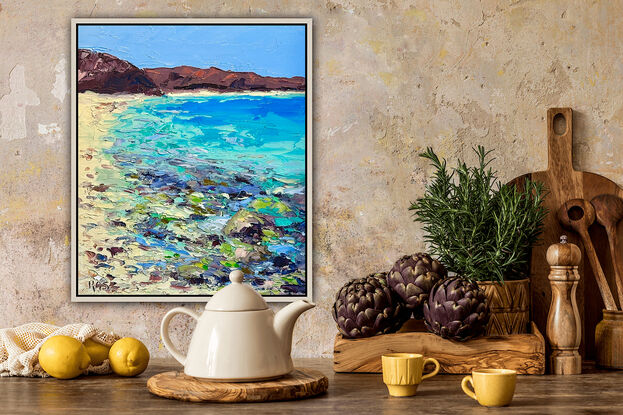 textured seascape oil painting with turquoise and azure ocean water and many other colors in the front depicting a coral reef underwater.  A golden sandy beach winds back to the distant coastline.