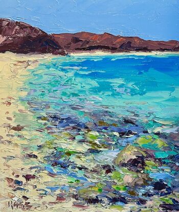 textured seascape oil painting with turquoise and azure ocean water and many other colors in the front depicting a coral reef underwater.  A golden sandy beach winds back to the distant coastline.