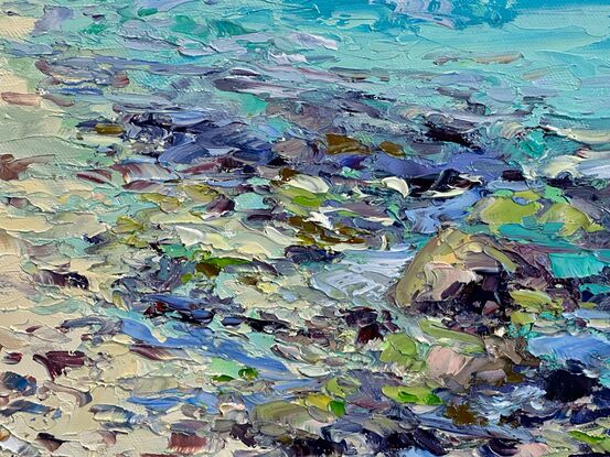 textured seascape oil painting with turquoise and azure ocean water and many other colors in the front depicting a coral reef underwater.  A golden sandy beach winds back to the distant coastline.