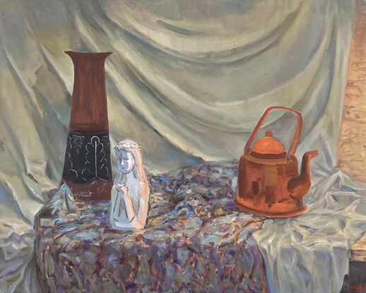 Still-life with brown vase, copper tea pot  and white girl's bust sculpture on grey background