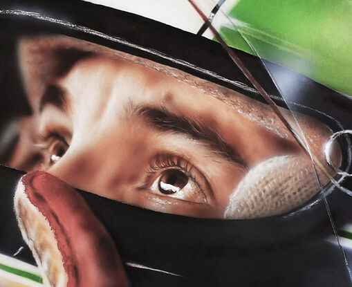 Vibrant action portrait of Motor racing legend Ayrton Senna