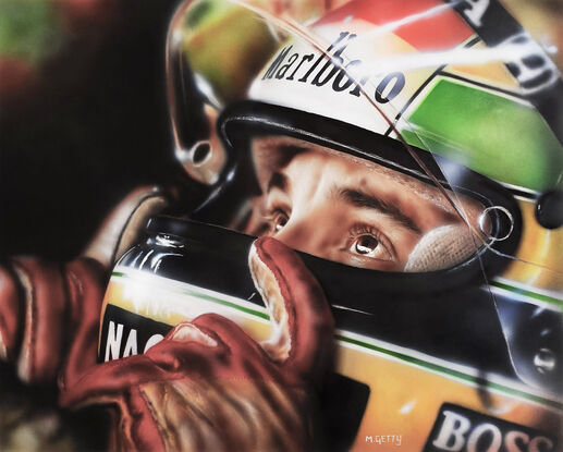 Vibrant action portrait of Motor racing legend Ayrton Senna