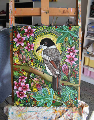 A decorative painting of a Grey Butcherbird sitting in a Lacebark tree with the sunlight filtering through the tree.