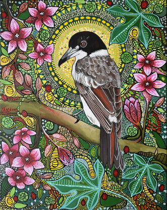 A decorative painting of a Grey Butcherbird sitting in a Lacebark tree with the sunlight filtering through the tree.