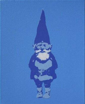 A Dark Blue Gnome with a  White Beard and Moustache standing against a Light Blue Background.