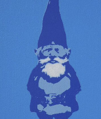 A Dark Blue Gnome with a  White Beard and Moustache standing against a Light Blue Background.