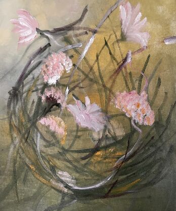 An abstract work that has a feel of nature a birds nest covered in flowers. 