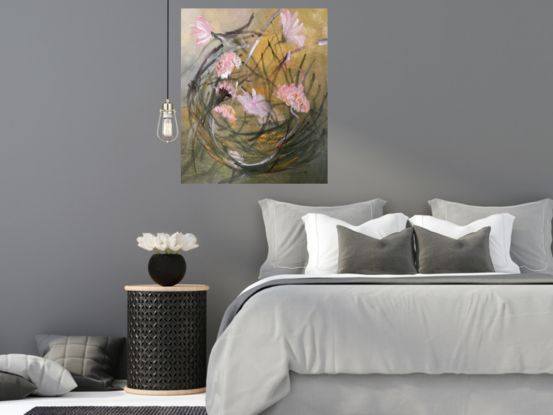 An abstract work that has a feel of nature a birds nest covered in flowers. 