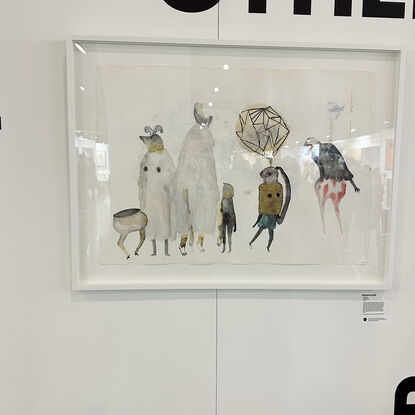 A humanoid character (named Saru Kuma from the Kabuki Style of makeup he is generally alluded to having, meaning "brave man of yore") meets a selection of yokai, some real, some not, all disguised. 
As the piece is large the framer chose a perspex front instead of glass so it wasn't too heavy.