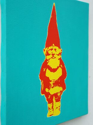 The painting depicts one half of the iconic cover illustration from the book "Gnomes" transformed into a 2 colour silkscreen stencil in Yellow and Vermillion on a Aqua Green/Blue Background.