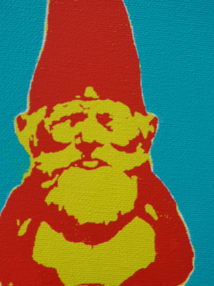 The painting depicts one half of the iconic cover illustration from the book "Gnomes" transformed into a 2 colour silkscreen stencil in Yellow and Vermillion on a Aqua Green/Blue Background.